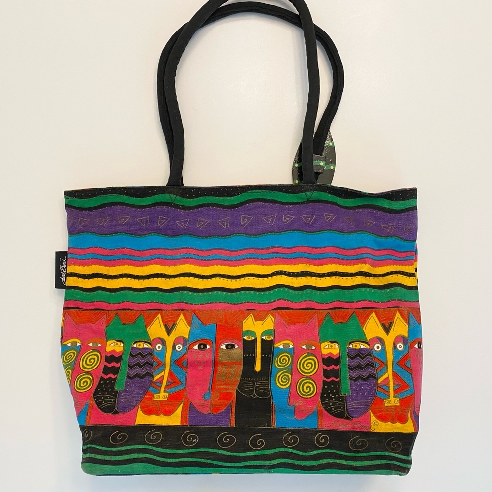 Laurel Burch Tote Bag Cats Canvas Coated Interior Vibrant Zipper Large Retired - Picture 5 of 14
